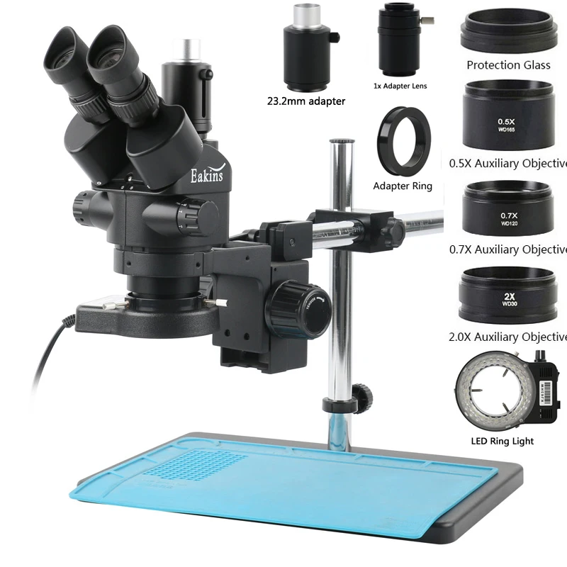 Trinocular Stereo Microscope 7X-45X - 3.5倍、7倍、45倍、90倍工業用ラボ同時焦点調整式ステレオ三眼顕微鏡セット（PCB SMDはんだ付け修理用）